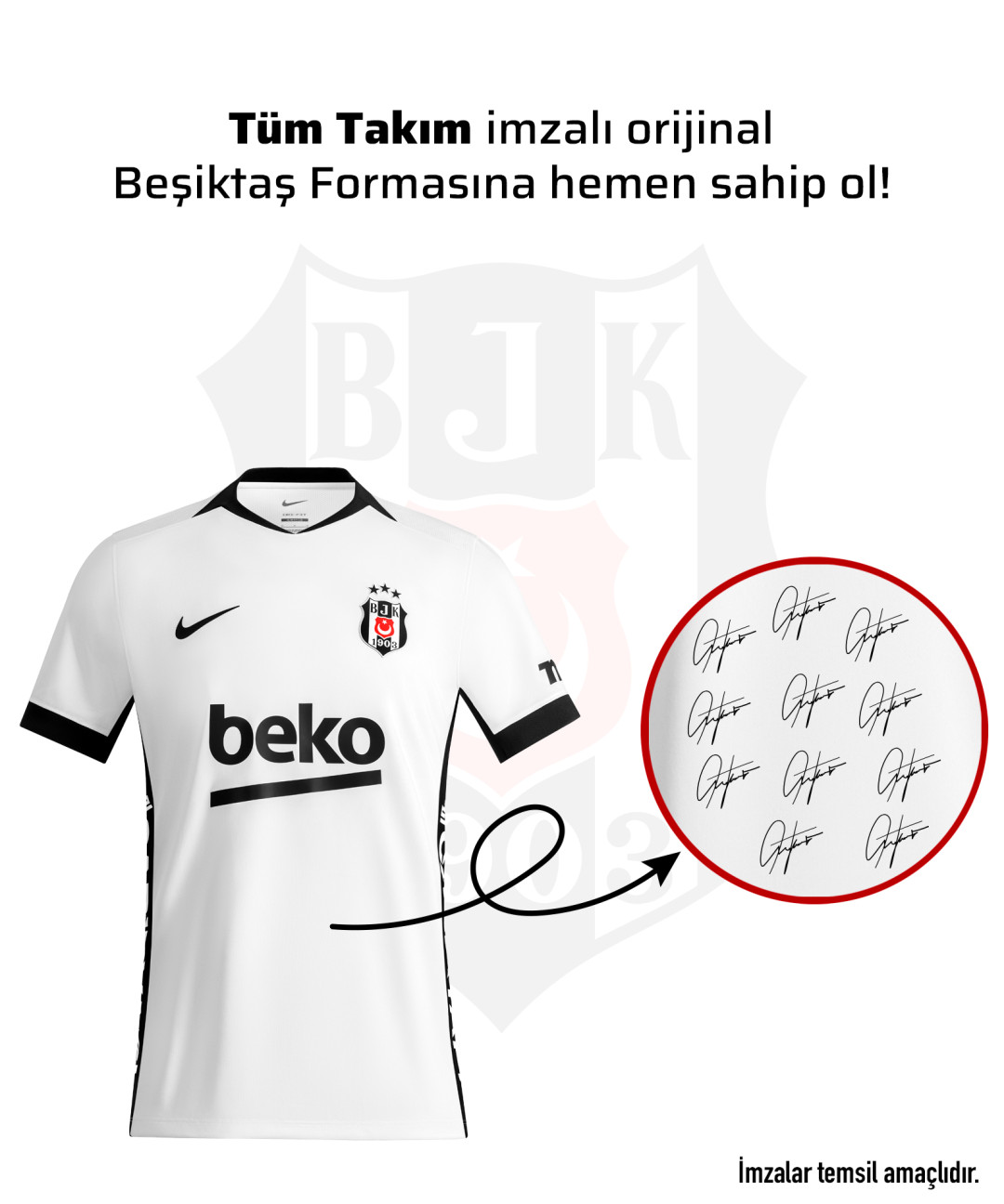 Tüm Takım (11 Futbolcu) İmzalı Beşiktaş Forması 26-27 Sezon